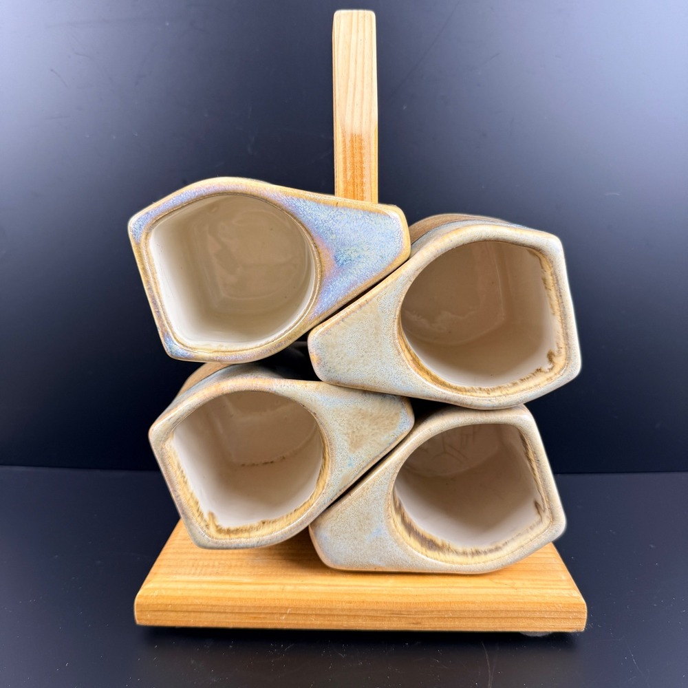 Vintage Rodolfo Padilla Signed Drip Glaze Mugs Set of 4 with Wood Stand Blue Tan